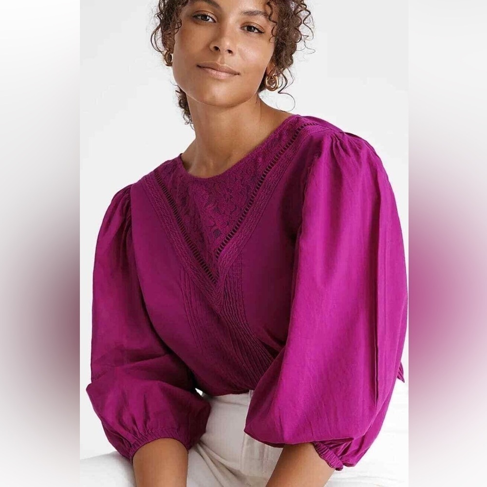 Farm Rio Fuchsia Pink Smocked Puff Sleeve Blouse with Bib Collar